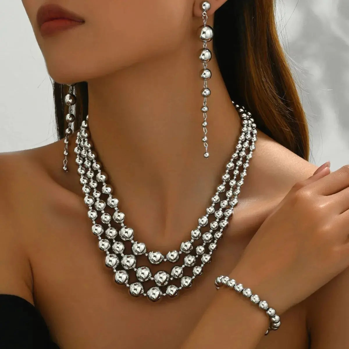 18K Stainless Steel Beaded Multi-Layered Necklace Bracelet Earrings Jewelry Set - SmileBen