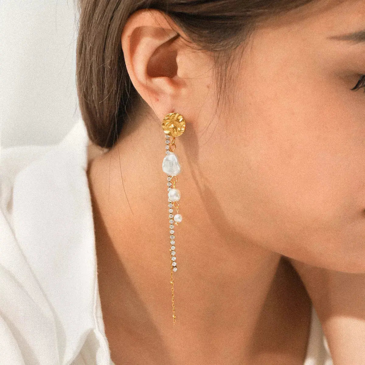 18K Gold-Plated Zircon Pearl Chain Earrings - SmileBen