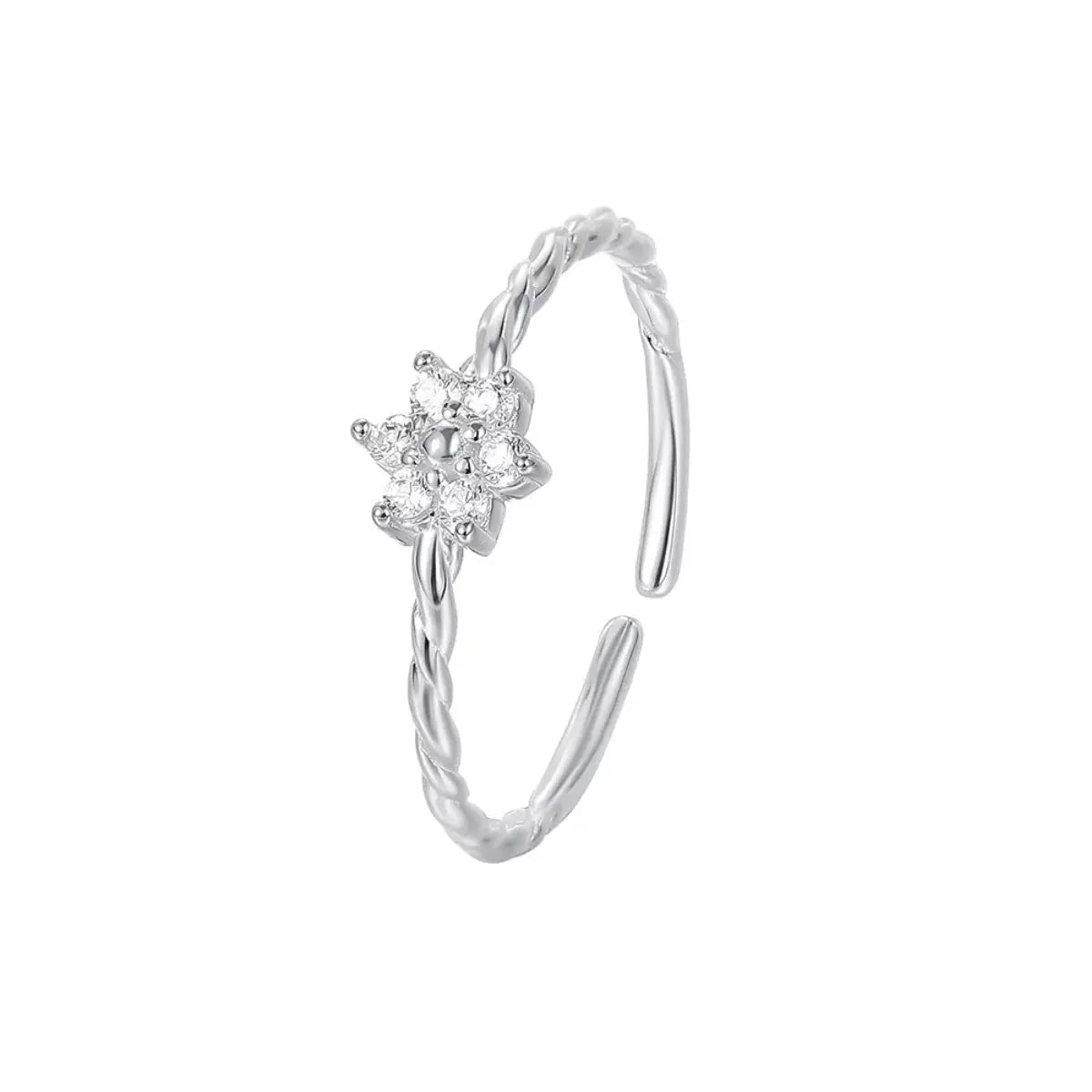 925 Sterling Silver Zircon Flower Open Ring - SmileBen