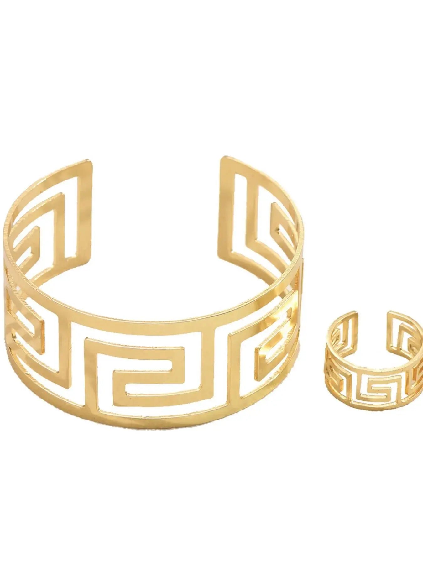 18K Gold-Plated Stainless Steel Geometric Bracelet and Ring Jewelry Set - SmileBen