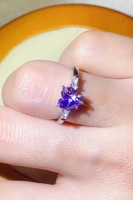 1 Carat Moissanite Heart-Shaped Platinum-Plated Ring in Purple - SmileBen