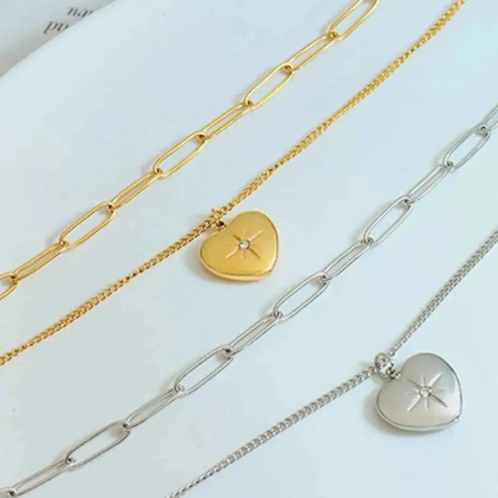 Inlaid Zircon Double Layered Heart Pendant Necklace - SmileBen