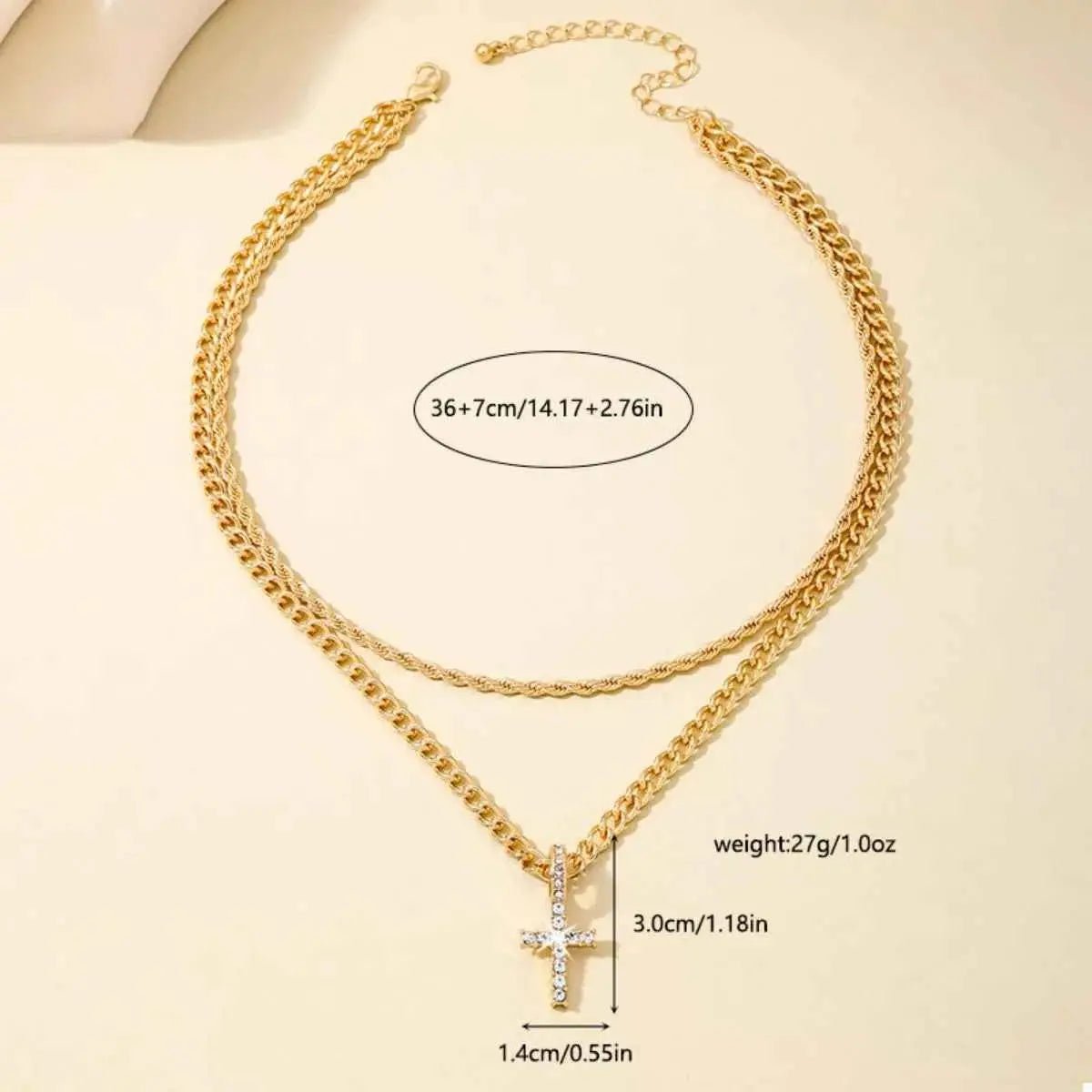 Layered Gold Chain Cross Pendant Necklace - SmileBen