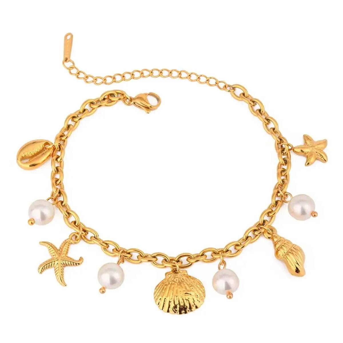 Ocean Theme Stainless Steel Chain Bracelet with Seashell and Starfish Pendants - SmileBen