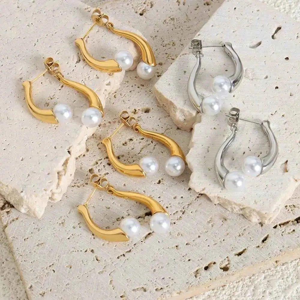 Synthetic Pearl Asymmetrical Titanium Steel Earrings - SmileBen