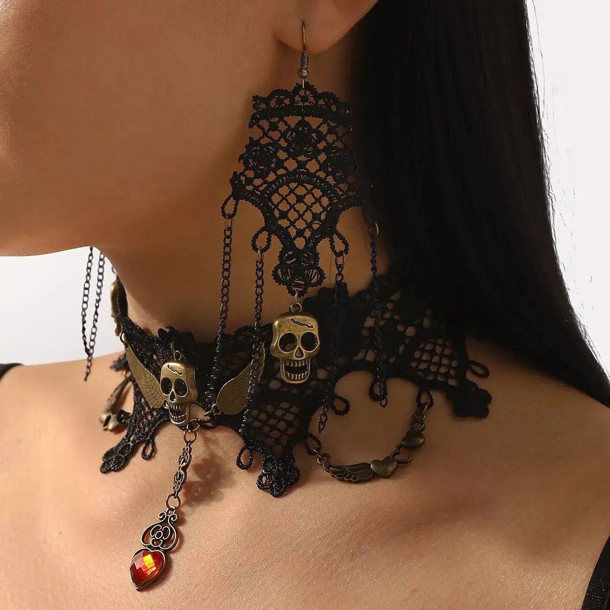 Halloween Lace Skull Necklace and Earrings Jewelry Set - SmileBen