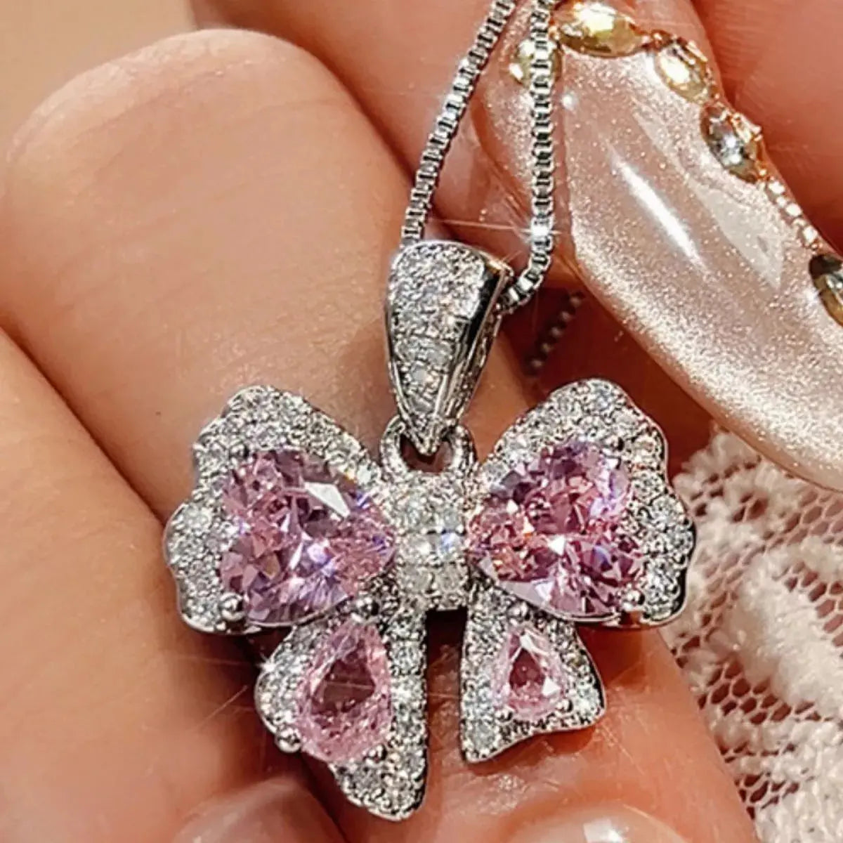 Zircon Bow Pendant Necklace - SmileBen