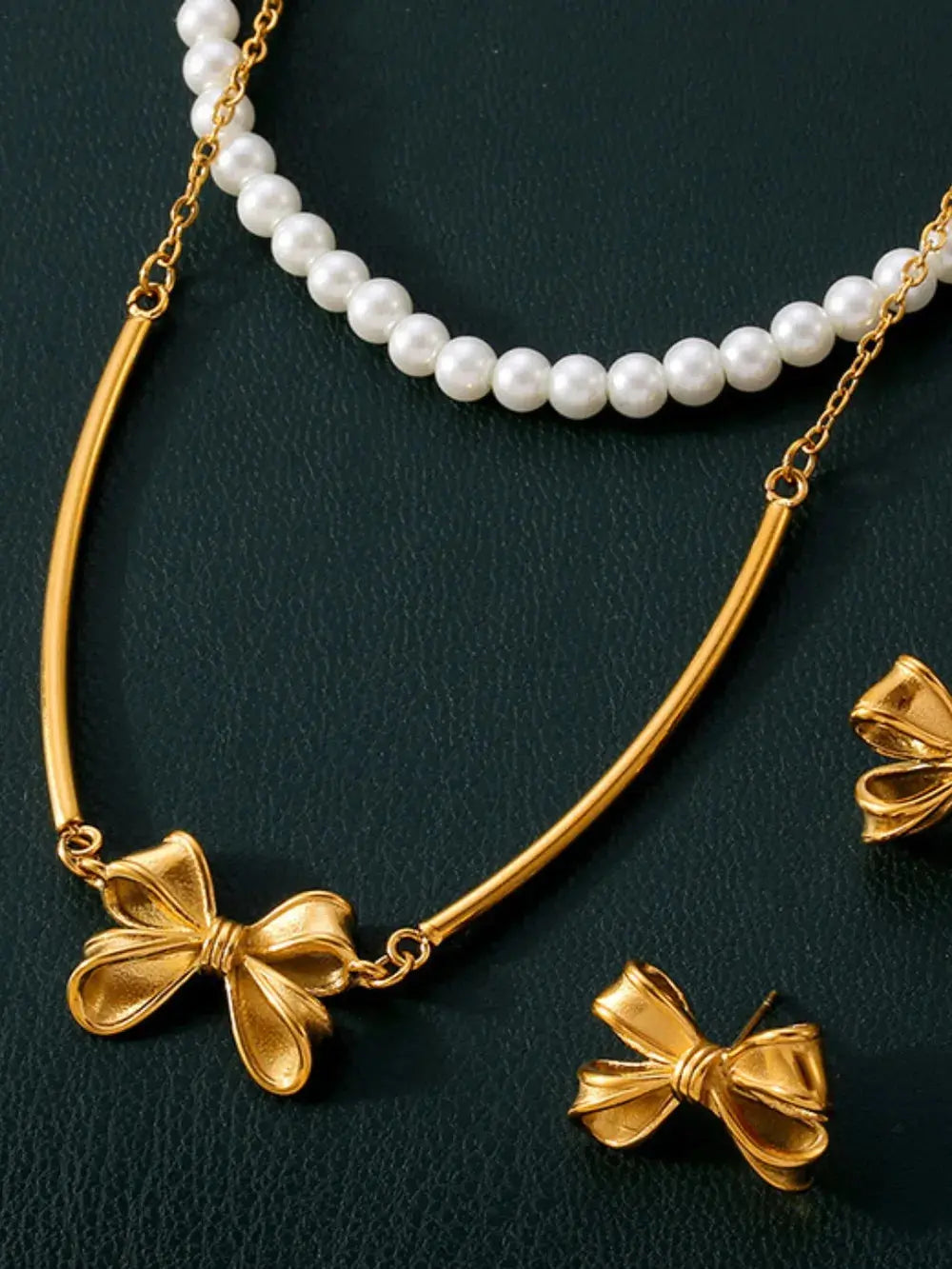 3 Piece Pearl Necklace, Bow Necklace and Stud Earrings Jewelry Set - SmileBen
