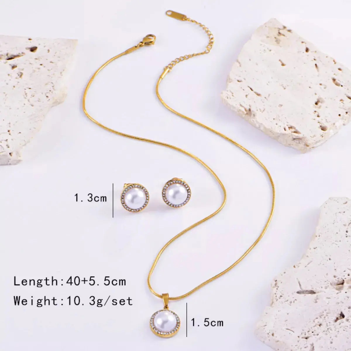 Synthetic Pearl 18K Gold-Plated Rhinestone Necklace and Earrings Jewelry Set - SmileBen