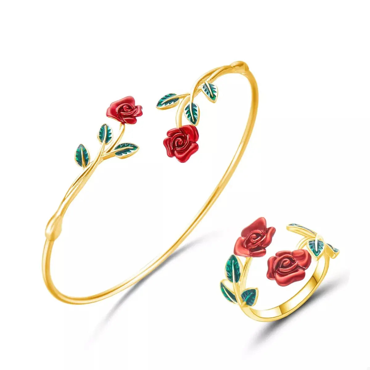 Rose Bypass Ring and Bracelet Jewelry Set - SmileBen