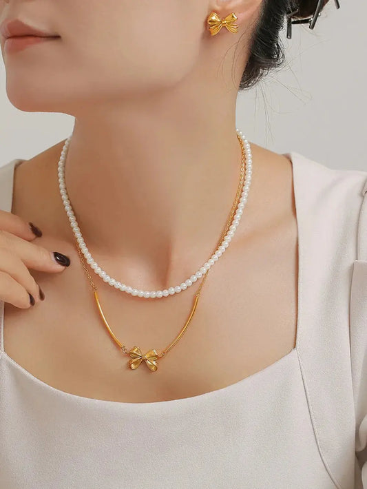 3 Piece Pearl Necklace, Bow Necklace and Stud Earrings Jewelry Set - SmileBen