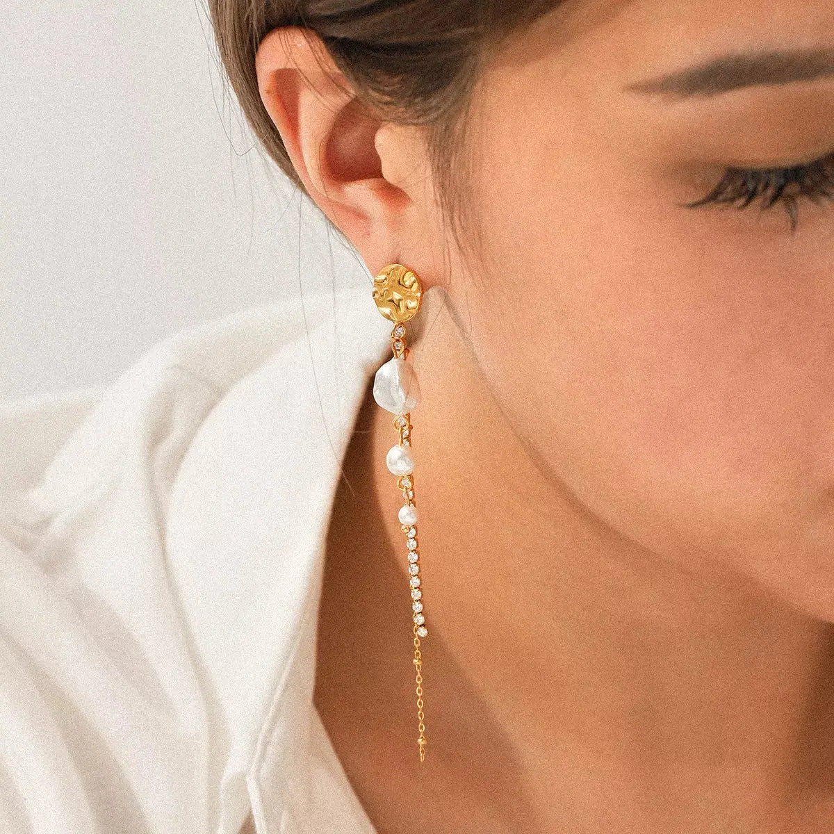 18K Gold-Plated Zircon Pearl Chain Earrings - SmileBen