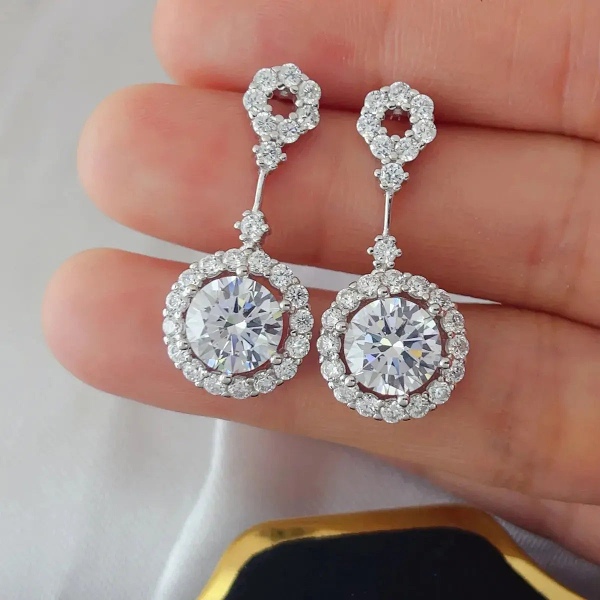 4 Carat Crystal Drop Dangle Earrings with Round Halo Design - SmileBen