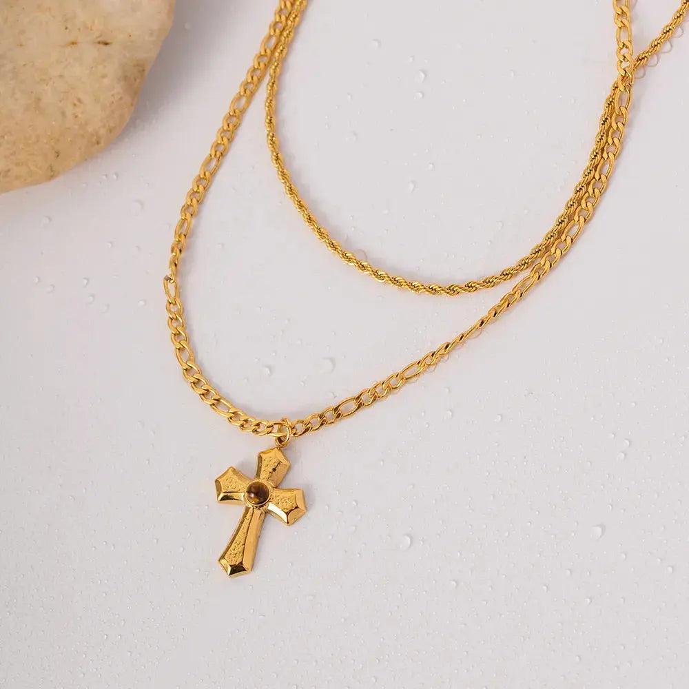 18K Gold-Plated Double Layered Cross Necklace - SmileBen