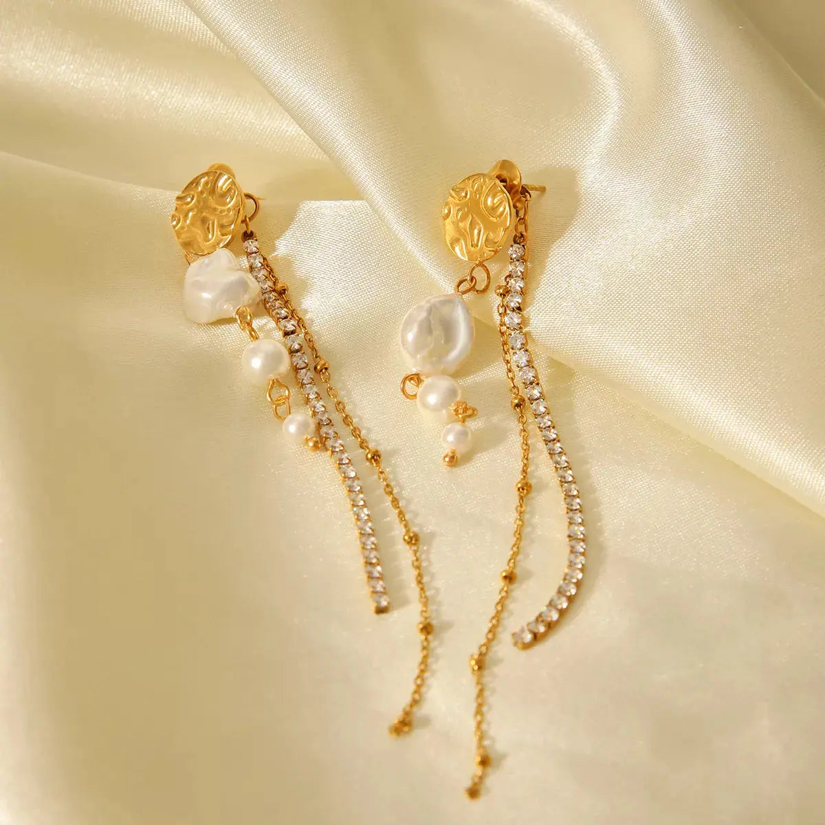18K Gold-Plated Zircon Pearl Chain Earrings - SmileBen