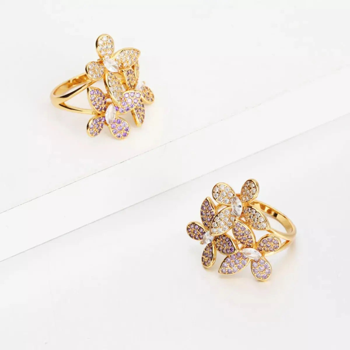 18K Gold-Plated Copper Rhinestone Zircon Flower Ring - SmileBen