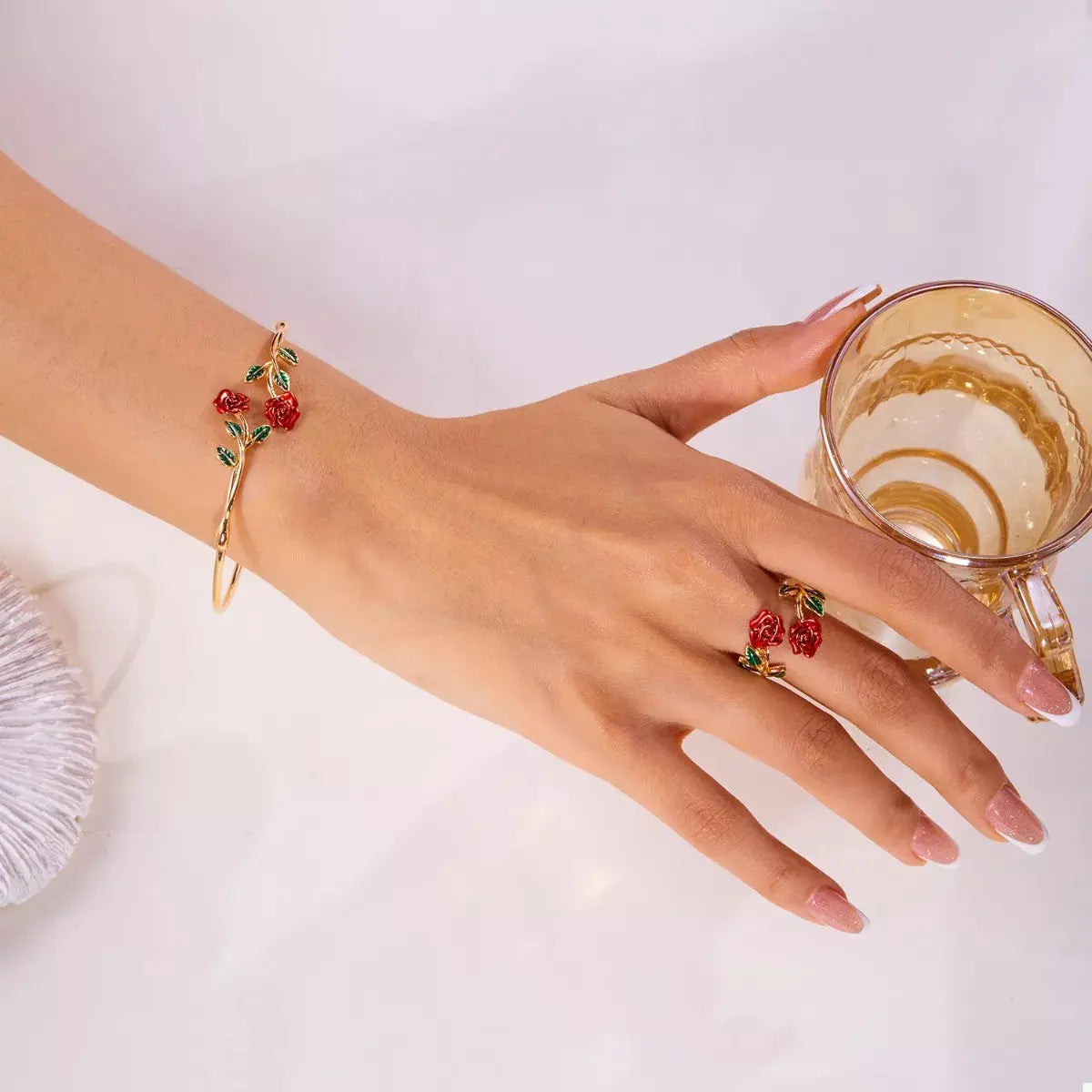 Rose Bypass Ring and Bracelet Jewelry Set - SmileBen