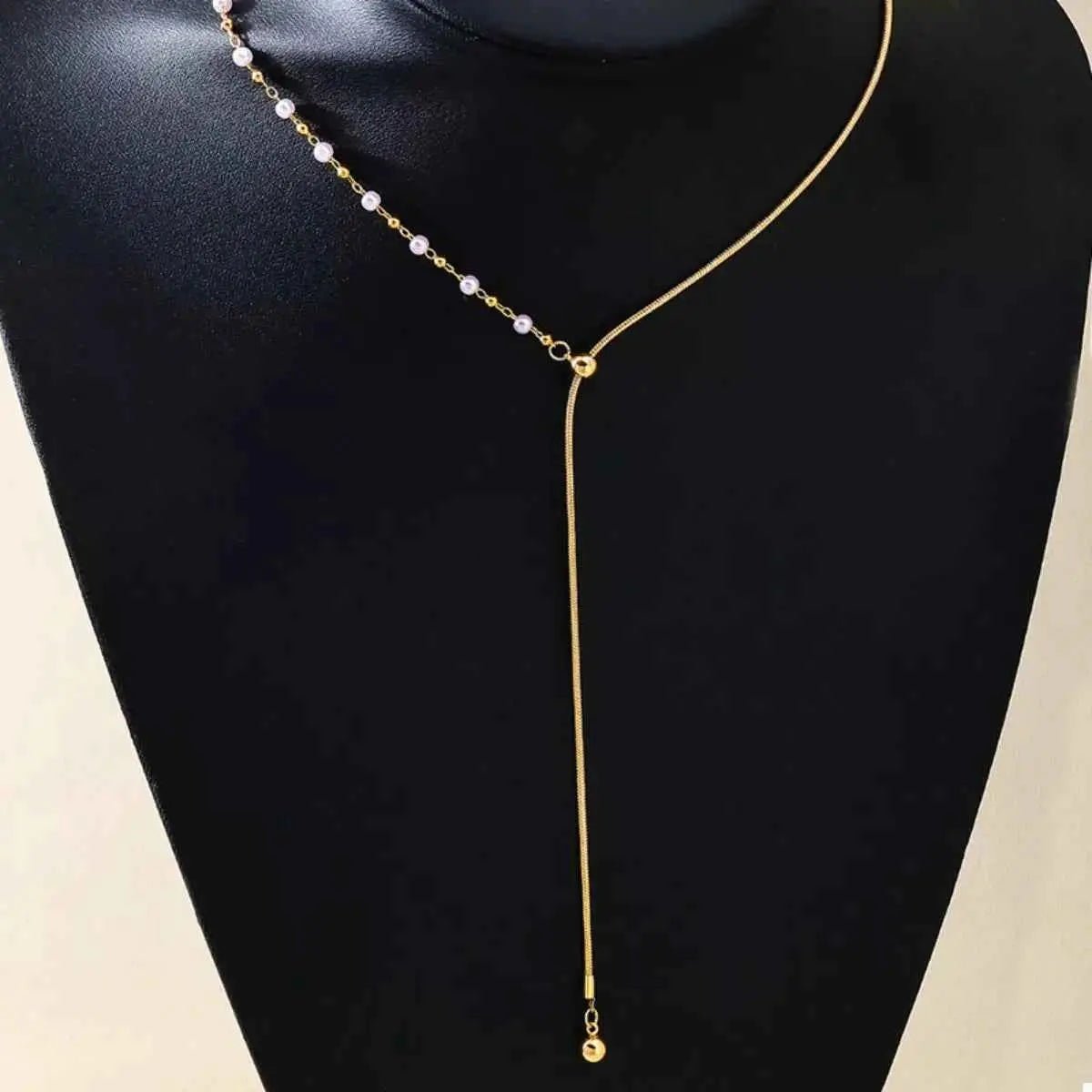 18K Gold - Plated Chain Y - Drop Necklace with Synthetic Pearl Accent - SmileBen
