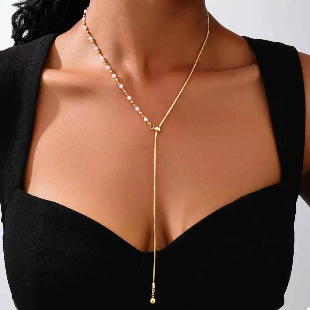 18K Gold - Plated Chain Y - Drop Necklace with Synthetic Pearl Accent - SmileBen