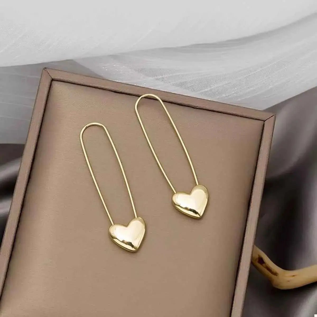 18K Gold - Plated Heart Charm Safety Pin Earrings - SmileBen
