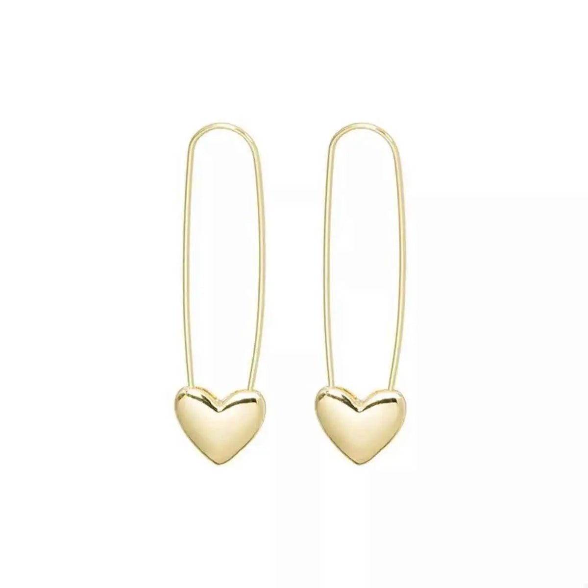 18K Gold - Plated Heart Charm Safety Pin Earrings - SmileBen