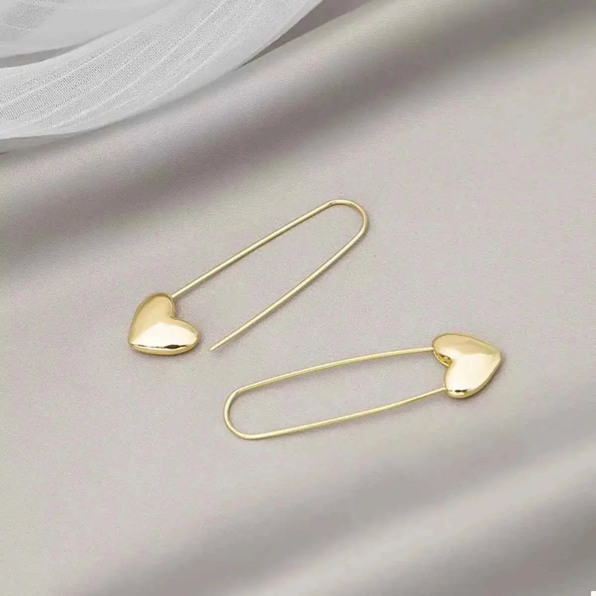 18K Gold - Plated Heart Charm Safety Pin Earrings - SmileBen