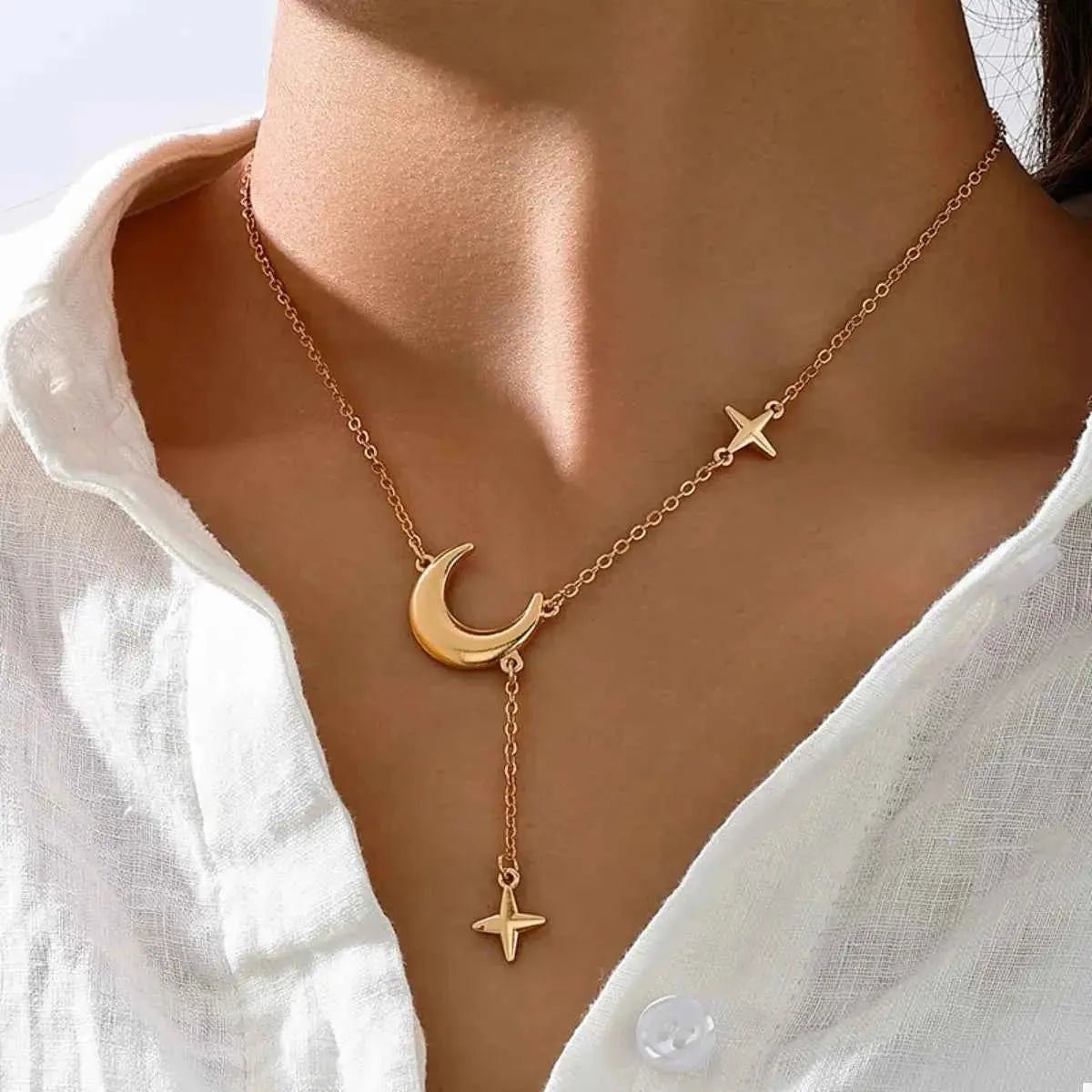 18K Gold - Plated Moon and Star Gold Chain Necklace - SmileBen