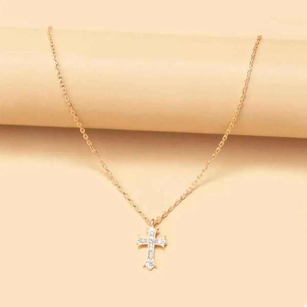 18K Gold - Plated Rhinestone Cross Necklace - SmileBen