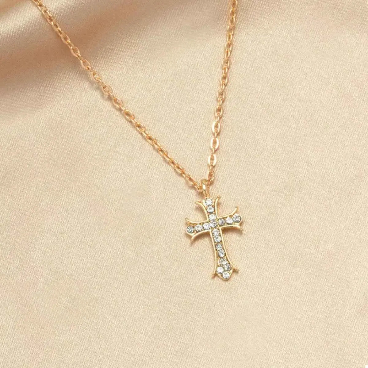 18K Gold - Plated Rhinestone Cross Necklace - SmileBen