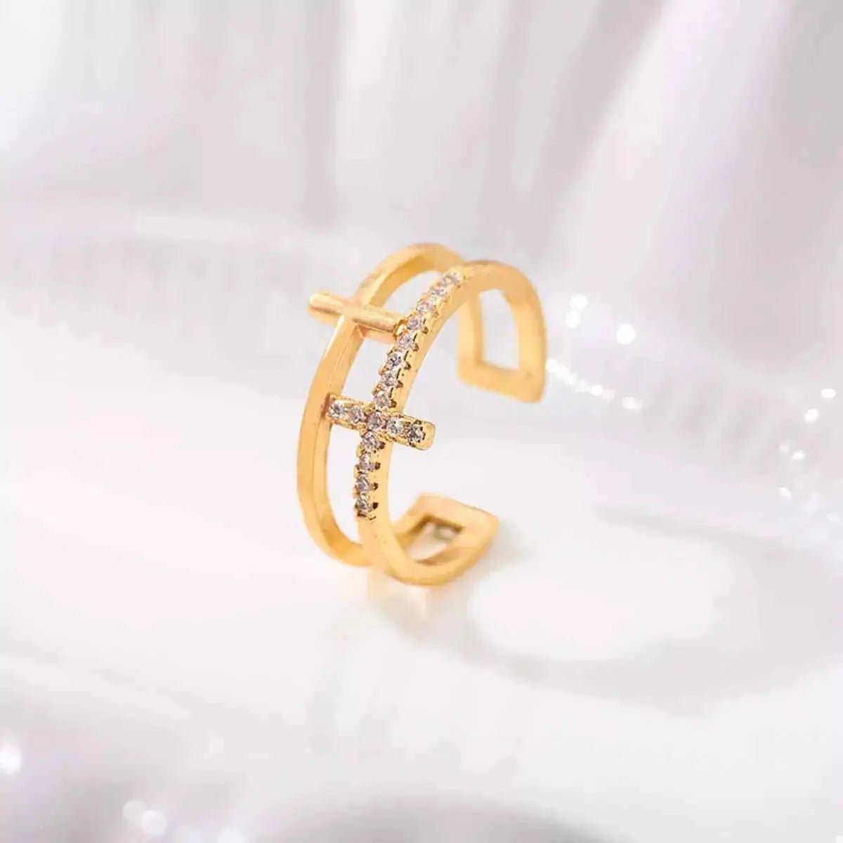 18K Gold - Plated Rhinestone Cross Open Ring - SmileBen