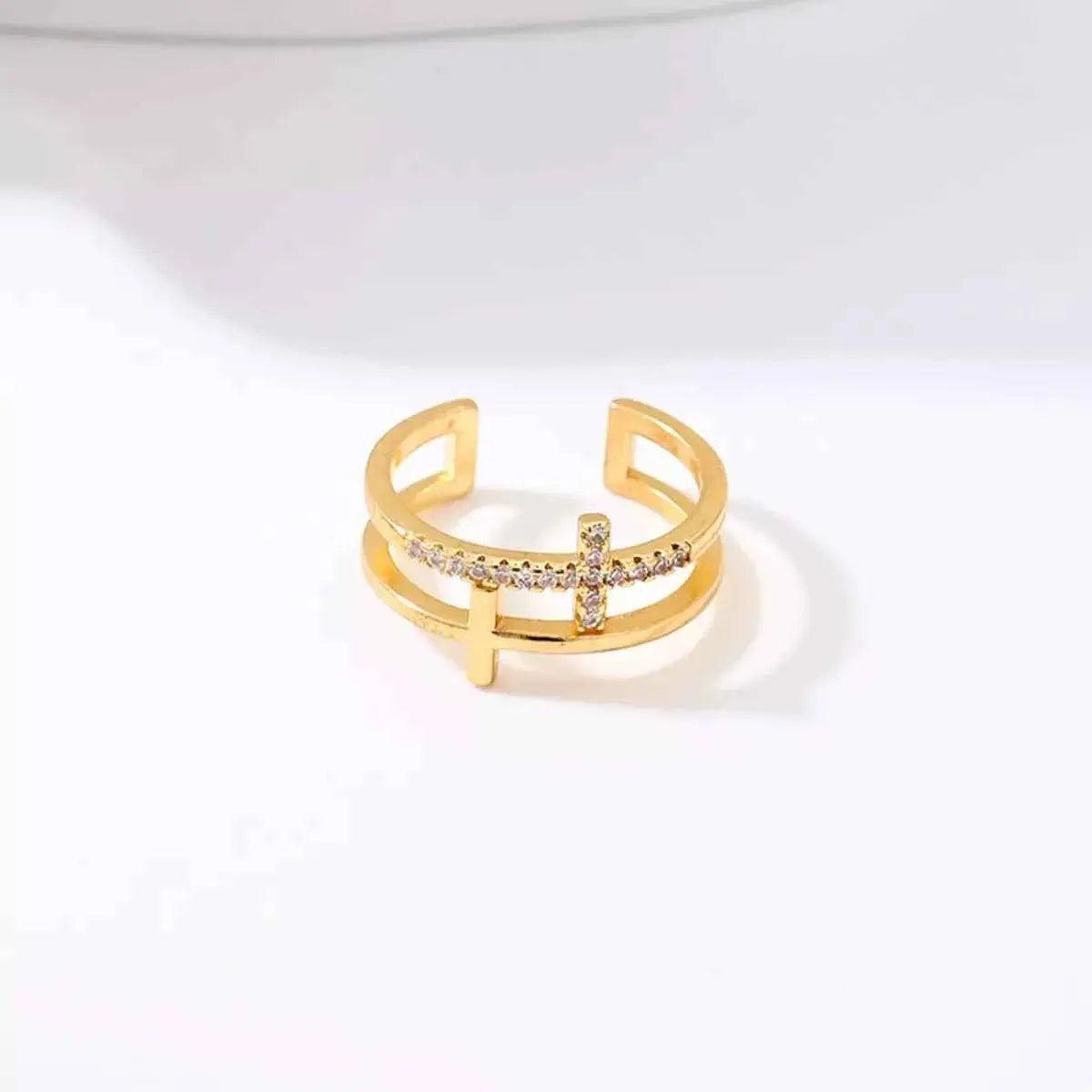 18K Gold - Plated Rhinestone Cross Open Ring - SmileBen