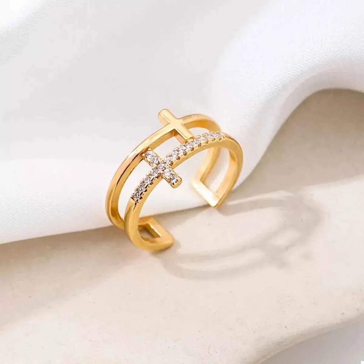 18K Gold - Plated Rhinestone Cross Open Ring - SmileBen