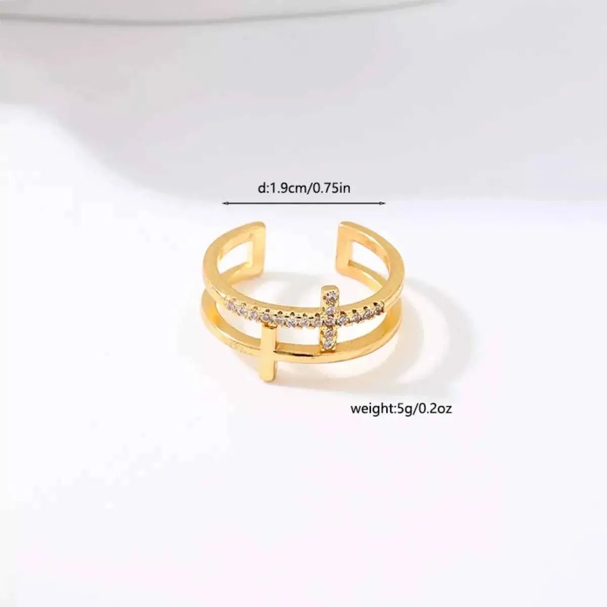 18K Gold - Plated Rhinestone Cross Open Ring - SmileBen