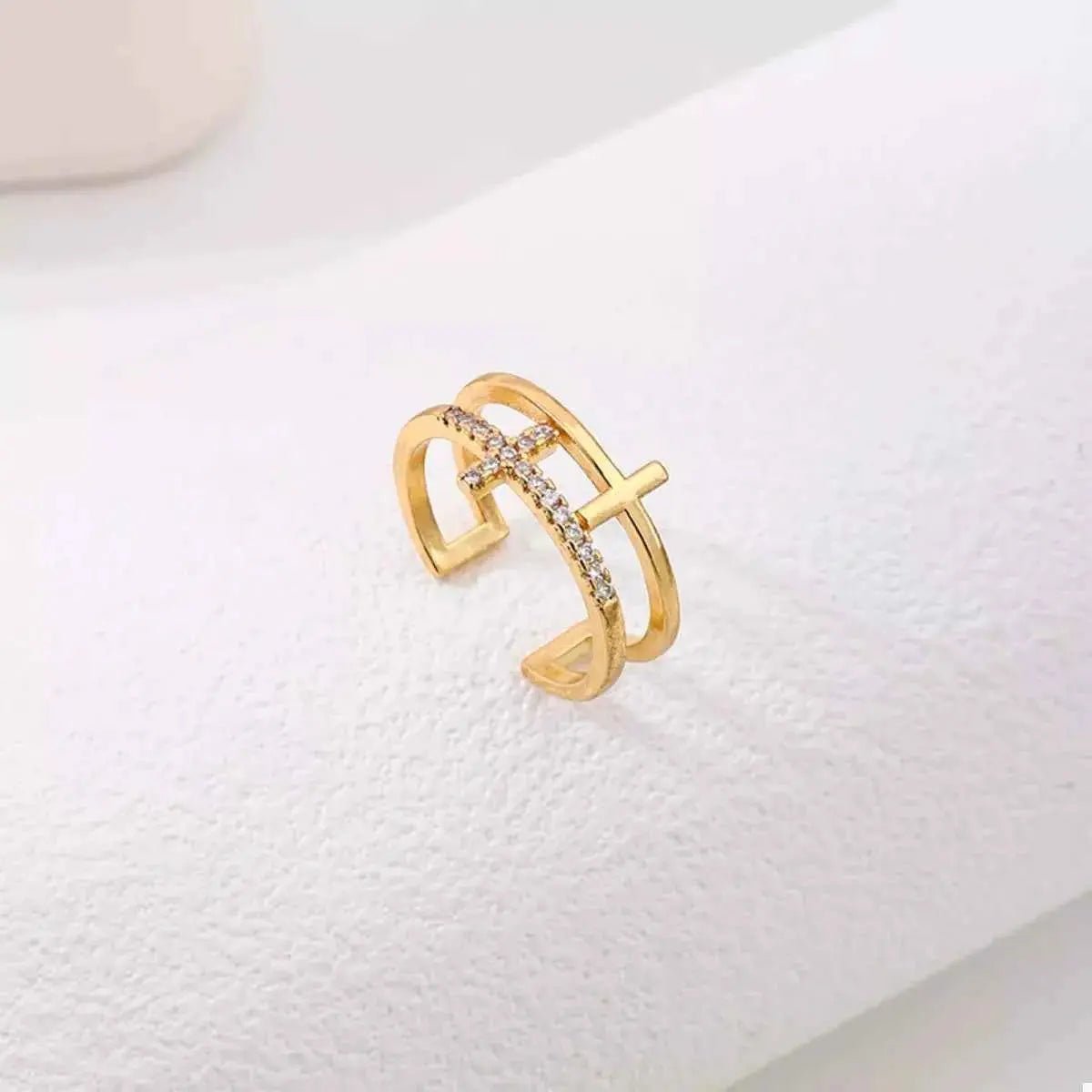 18K Gold - Plated Rhinestone Cross Open Ring - SmileBen