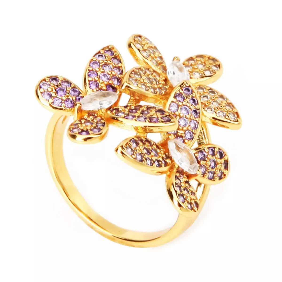 18K Gold-Plated Copper Rhinestone Zircon Flower Ring - SmileBen