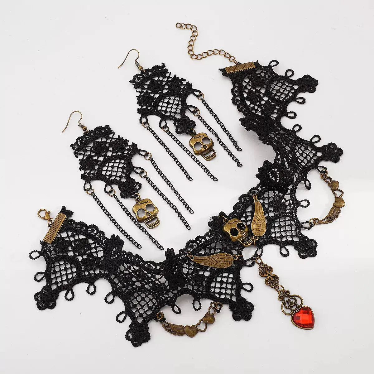Halloween Lace Skull Necklace and Earrings Jewelry Set - SmileBen