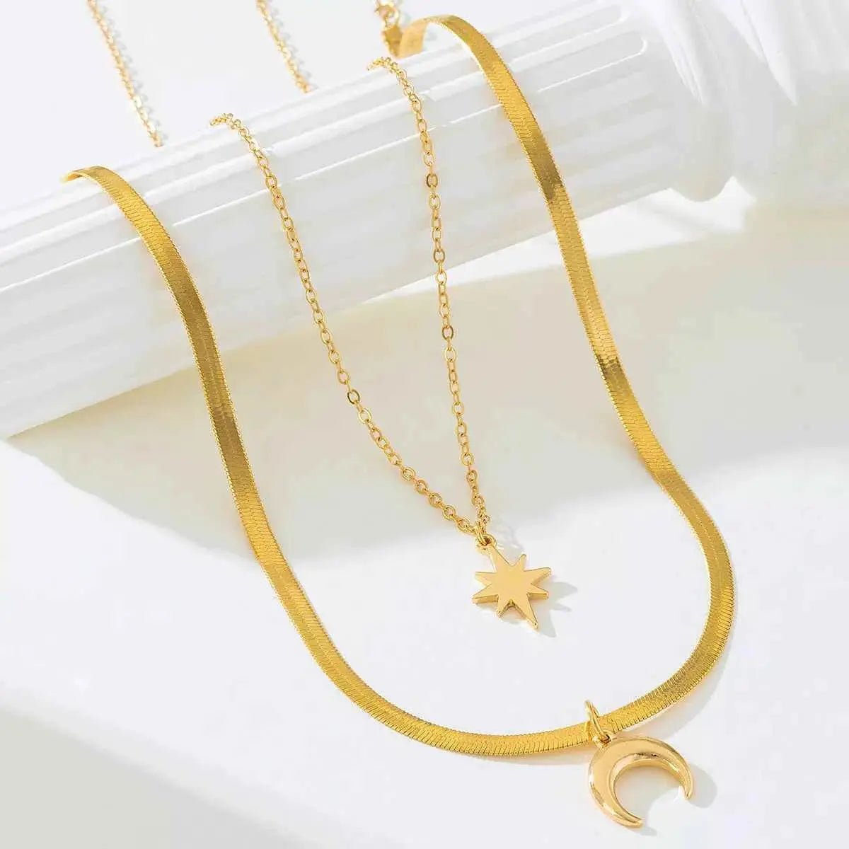 2 Piece 18K Gold - Plated Moon & Star Necklace - SmileBen