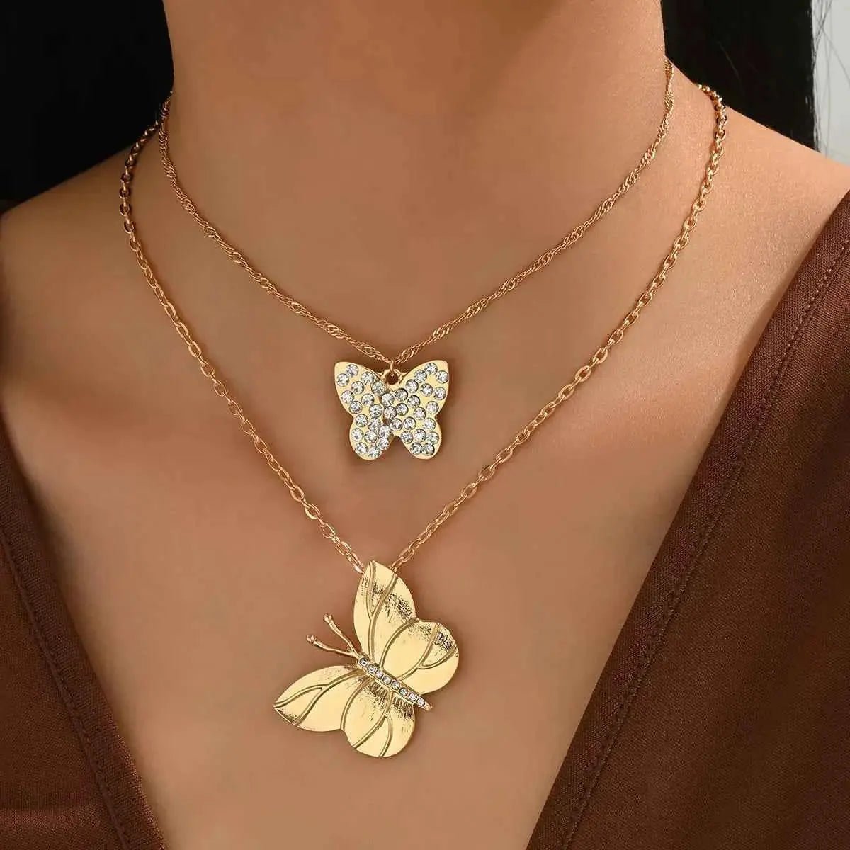 2 Piece 18K Gold - Plated Rhinestone Butterfly Necklace - SmileBen