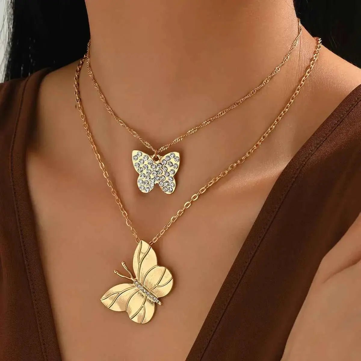 2 Piece 18K Gold - Plated Rhinestone Butterfly Necklace - SmileBen