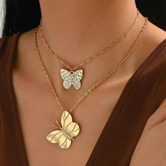2 Piece 18K Gold - Plated Rhinestone Butterfly Necklace - SmileBen