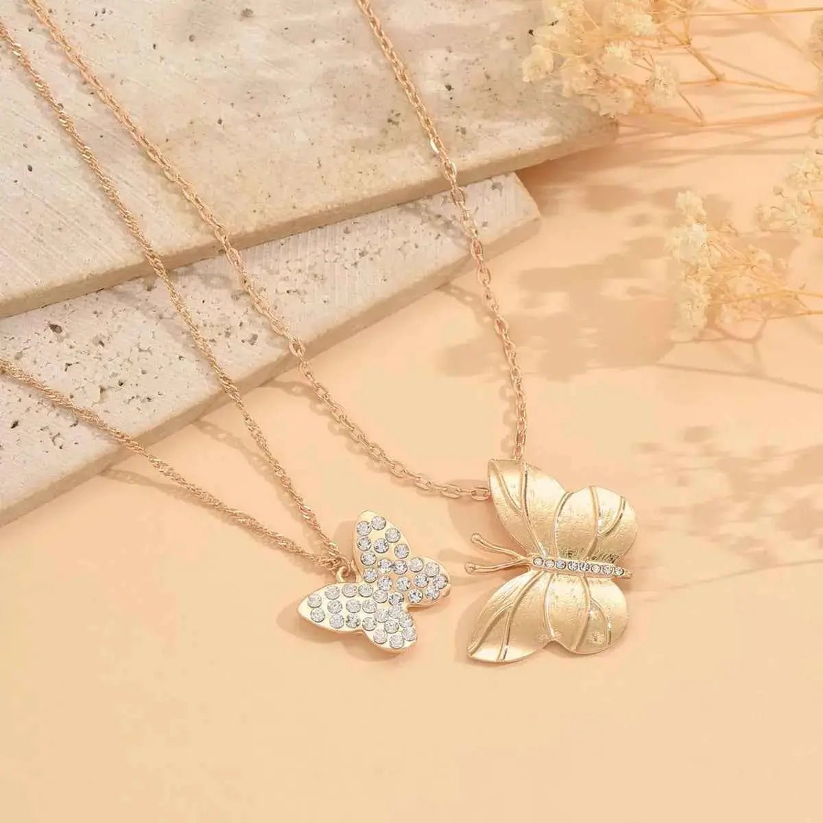 2 Piece 18K Gold - Plated Rhinestone Butterfly Necklace - SmileBen