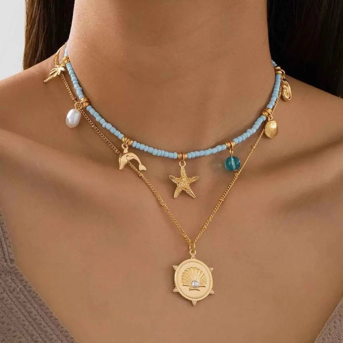2 - Piece Beaded Charm Necklace with Pendant - SmileBen