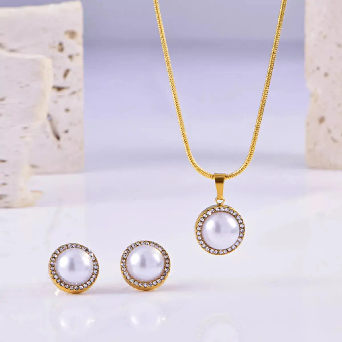 Synthetic Pearl 18K Gold-Plated Rhinestone Necklace and Earrings Jewelry Set - SmileBen