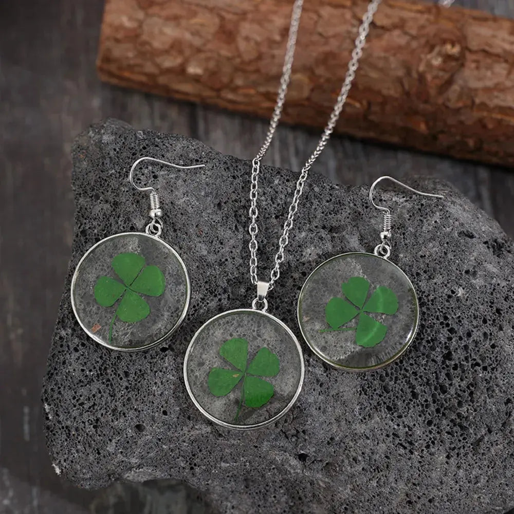Lucky Clover Alloy Acrylic Earrings and Necklace Jewelry Set - SmileBen