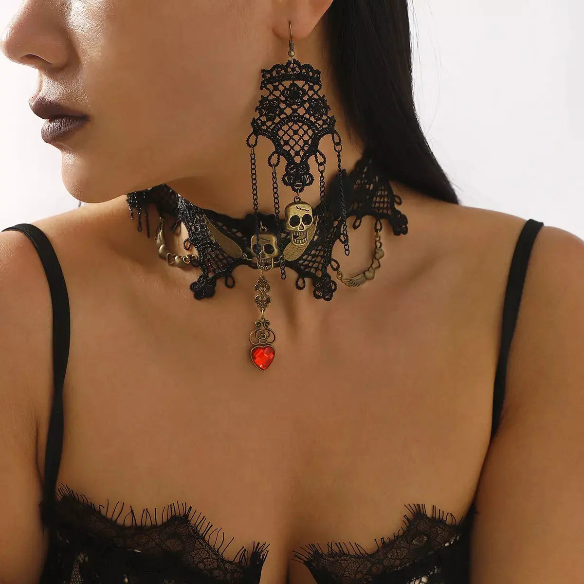 Halloween Lace Skull Necklace and Earrings Jewelry Set - SmileBen