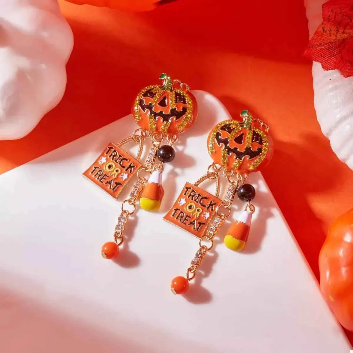 Halloween Rhinestone Pumpkin Drop Earrings