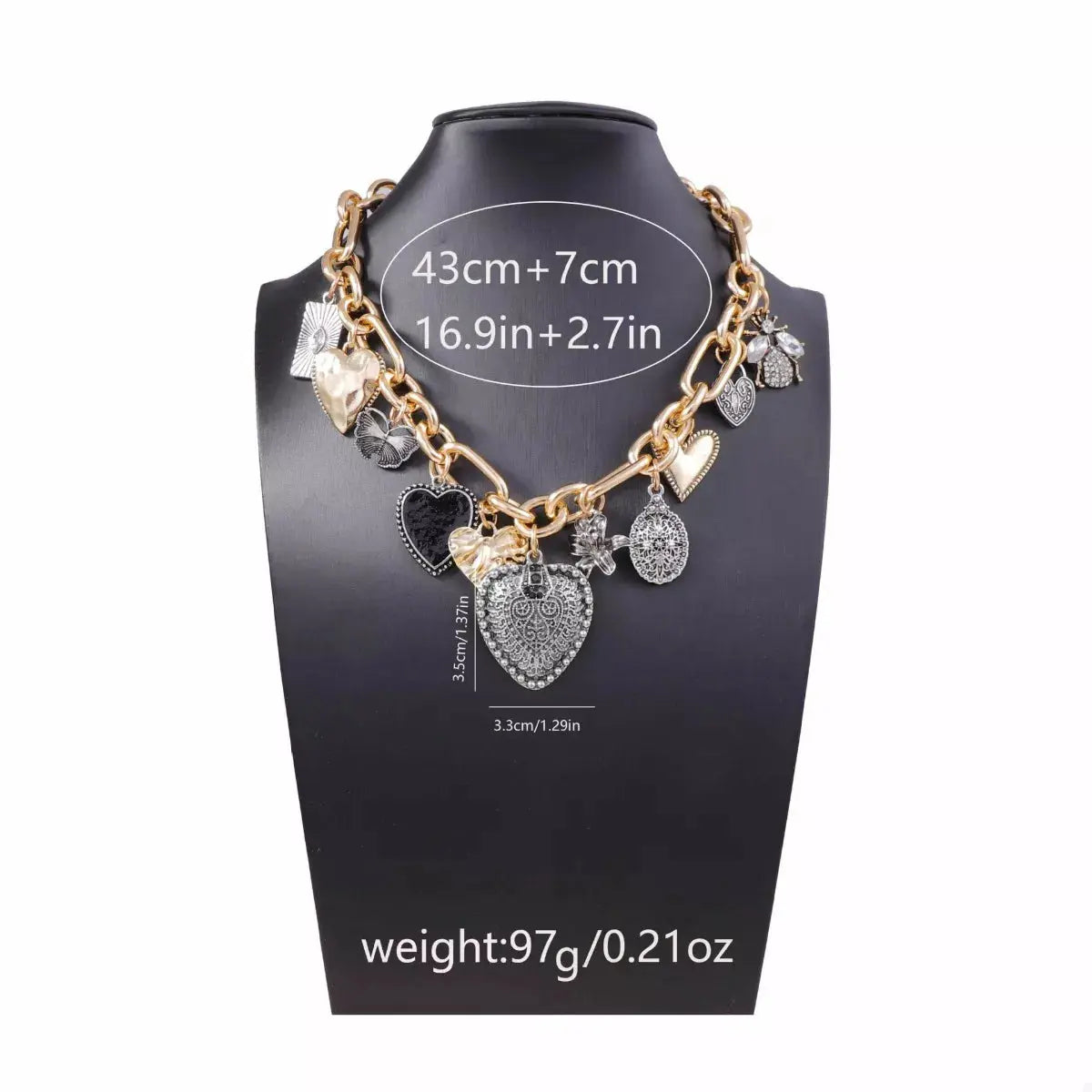 18K Gold-Plated Alloy Heart Charm Chain Statement Necklace - SmileBen