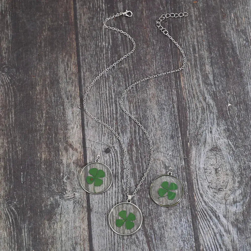 Lucky Clover Alloy Acrylic Earrings and Necklace Jewelry Set - SmileBen