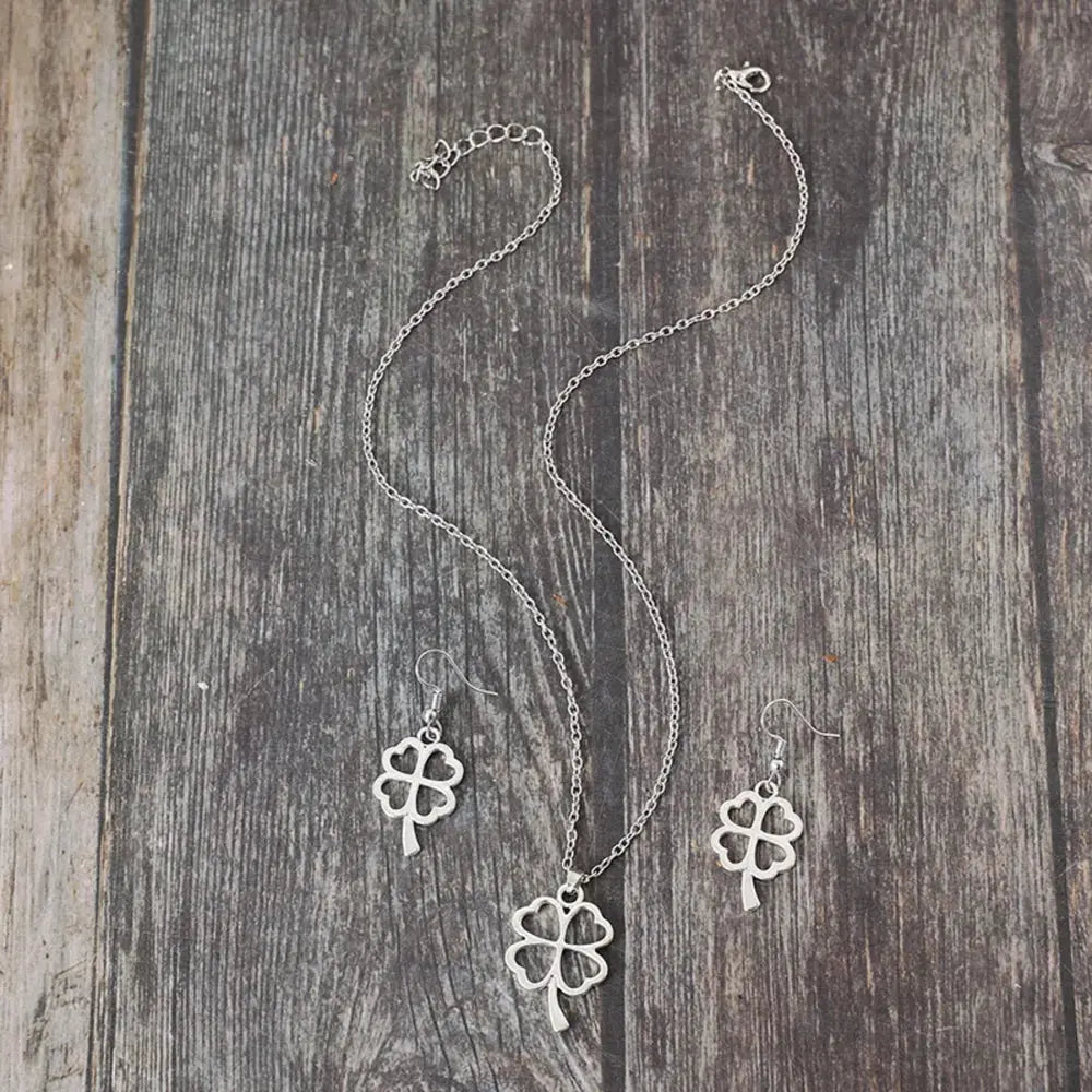 Lucky Clover Alloy Earrings and Necklace Jewelry Set - SmileBen