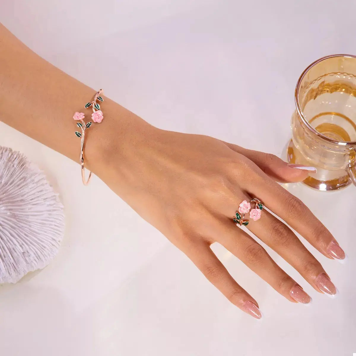 Rose Bypass Ring and Bracelet Jewelry Set - SmileBen